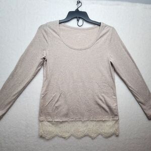 Soft Surroundings L/S Tunic Top Oatmeal w/Scalloped Lace Trim Women's Medium